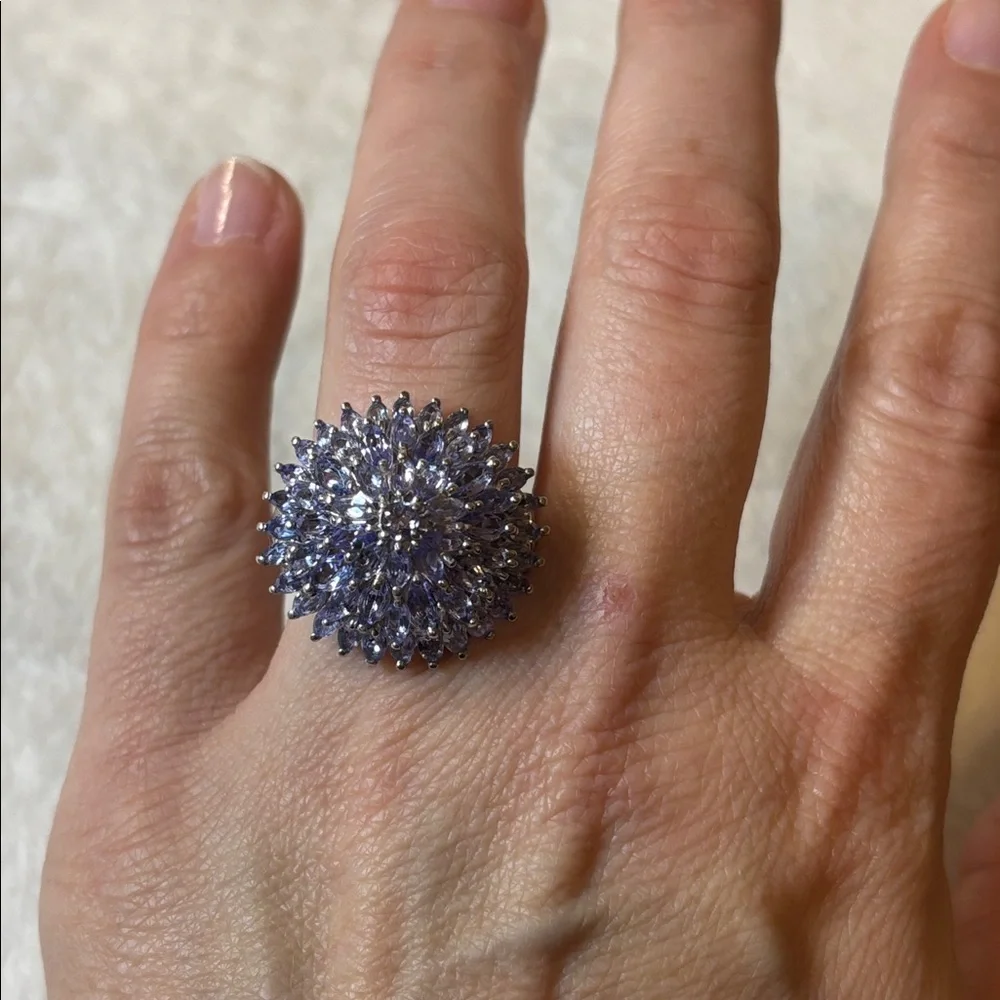 5.60 CTW Genuine Tanzanite Flower 925 Sterling Silver Ring